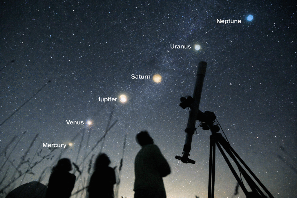 Planetary Alignment, Mercury, Venus, Jupiter, Saturn, Uranus and Neptune. 