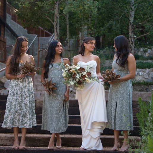 Bride and bride's maids on stairs